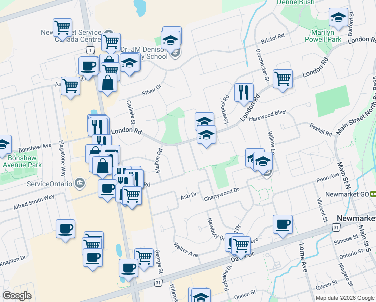 map of restaurants, bars, coffee shops, grocery stores, and more near 216B Harrison Drive in Newmarket