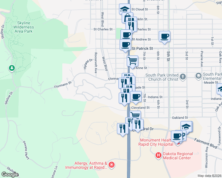 map of restaurants, bars, coffee shops, grocery stores, and more near 949 Woodridge Drive in Rapid City