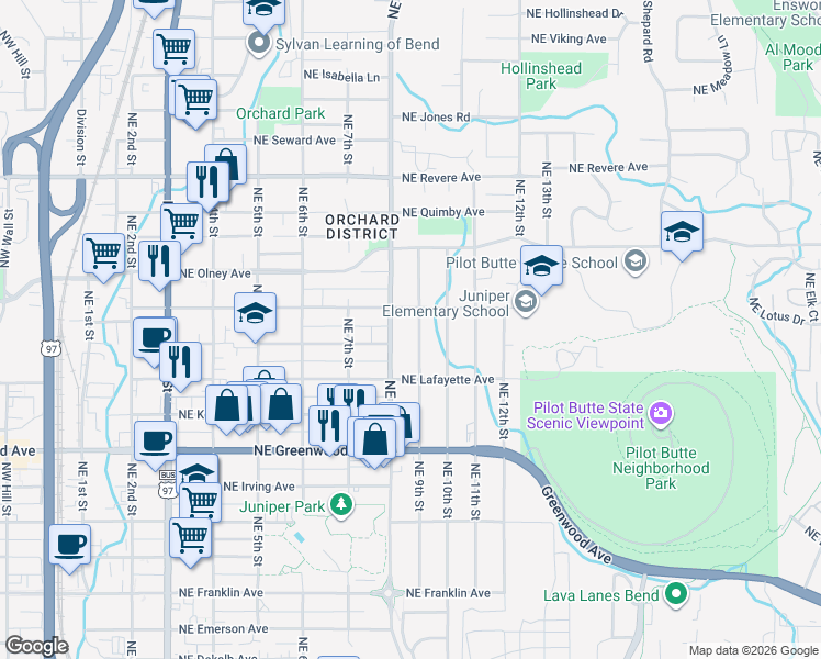 map of restaurants, bars, coffee shops, grocery stores, and more near in Bend