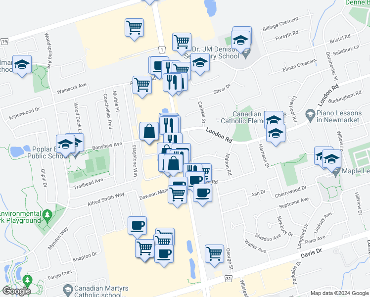 map of restaurants, bars, coffee shops, grocery stores, and more near 17867 Yonge Street in Newmarket