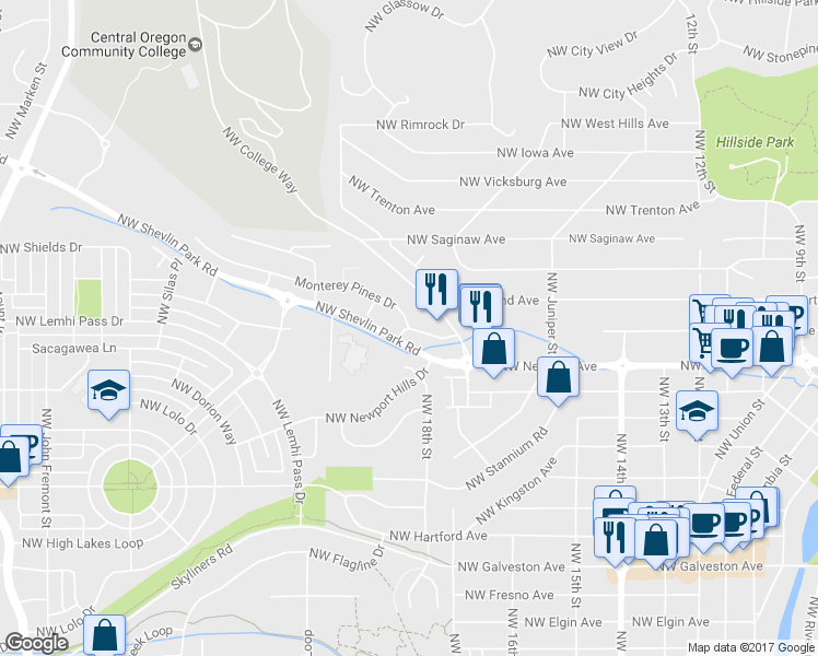 map of restaurants, bars, coffee shops, grocery stores, and more near 1965 Monterey Pines in Bend