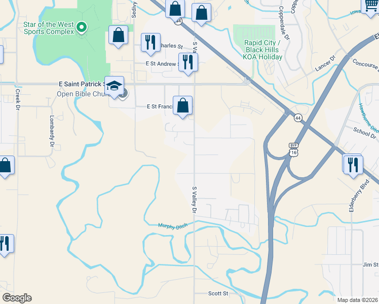 map of restaurants, bars, coffee shops, grocery stores, and more near 2309 South Valley Drive in Rapid City