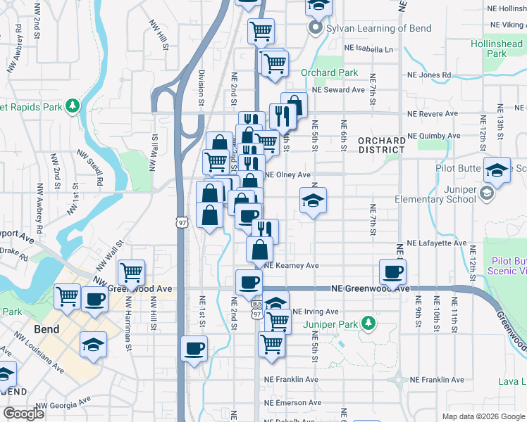map of restaurants, bars, coffee shops, grocery stores, and more near 1404 Northeast 3rd Street in Bend