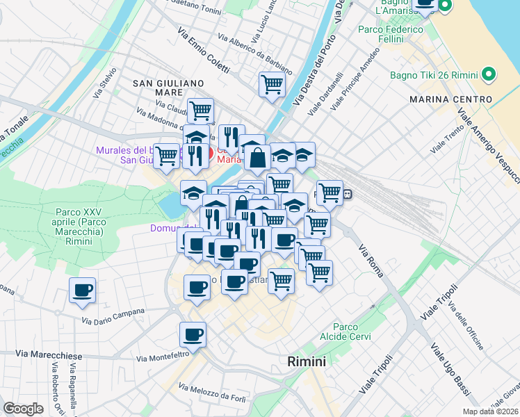 map of restaurants, bars, coffee shops, grocery stores, and more near 5 Via Vittime civili di guerra in Rimini