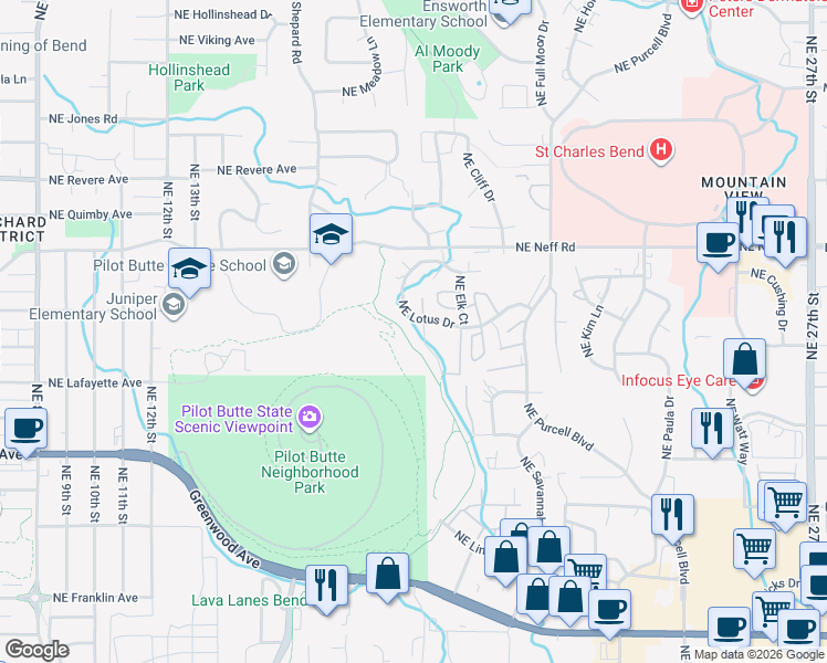 map of restaurants, bars, coffee shops, grocery stores, and more near 1785 Northeast Lotus Drive in Bend
