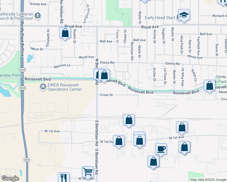 map of restaurants, bars, coffee shops, grocery stores, and more near 3922 Roosevelt Boulevard in Eugene