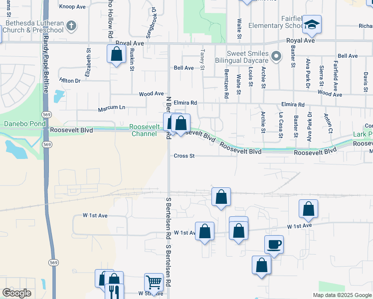 map of restaurants, bars, coffee shops, grocery stores, and more near 3980 Roosevelt Boulevard in Eugene