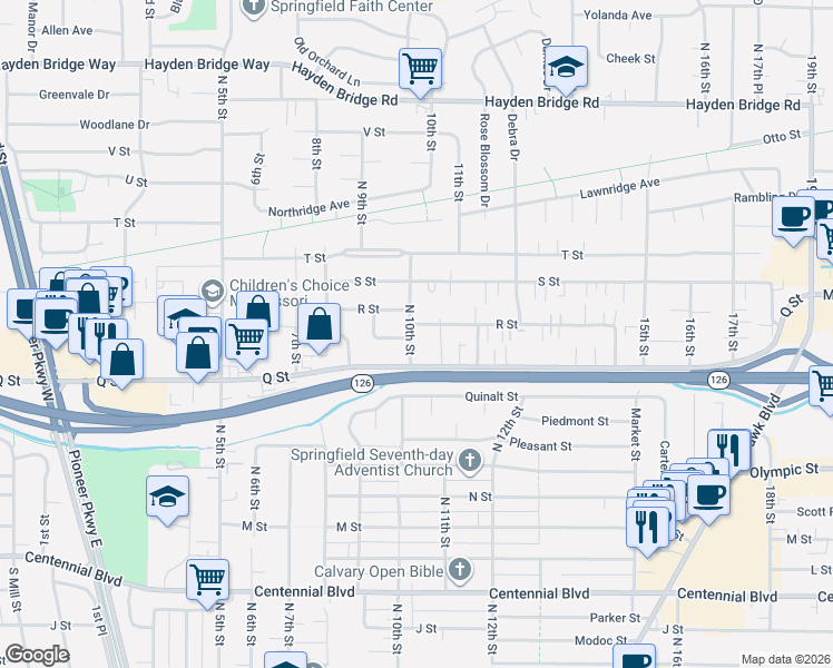 map of restaurants, bars, coffee shops, grocery stores, and more near 1889 10th Street in Springfield