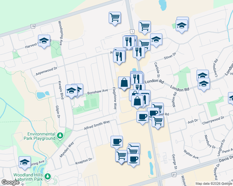 map of restaurants, bars, coffee shops, grocery stores, and more near 277 Flagstone Way in Newmarket
