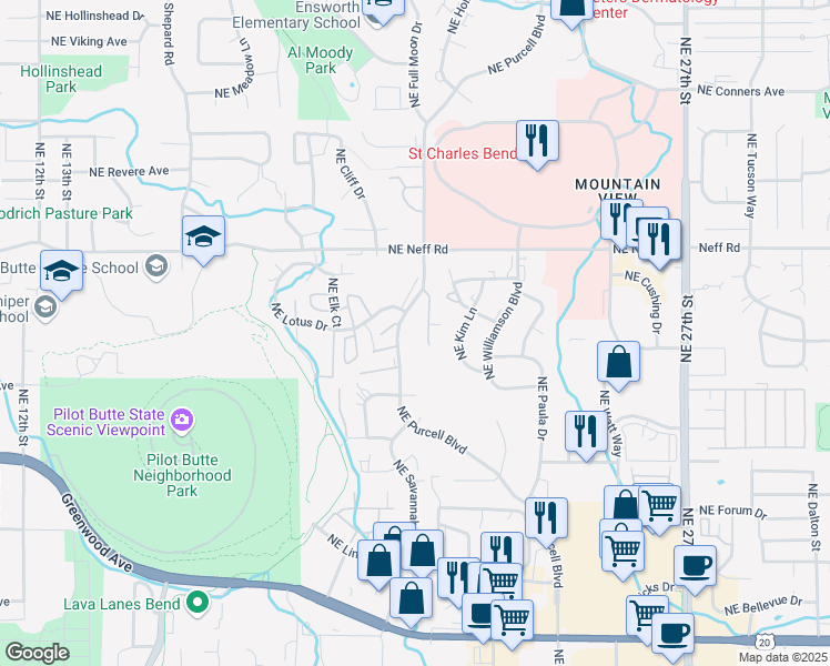 map of restaurants, bars, coffee shops, grocery stores, and more near 1418 Northeast Whisper Ridge Drive in Bend