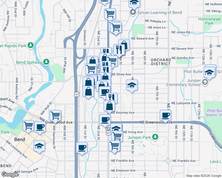 map of restaurants, bars, coffee shops, grocery stores, and more near 1404 Northeast 3rd Street in Bend