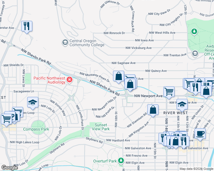 map of restaurants, bars, coffee shops, grocery stores, and more near in Deschutes County
