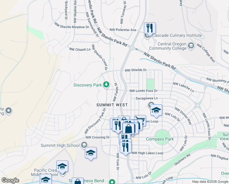 map of restaurants, bars, coffee shops, grocery stores, and more near 1787 Northwest Fields Street in Bend