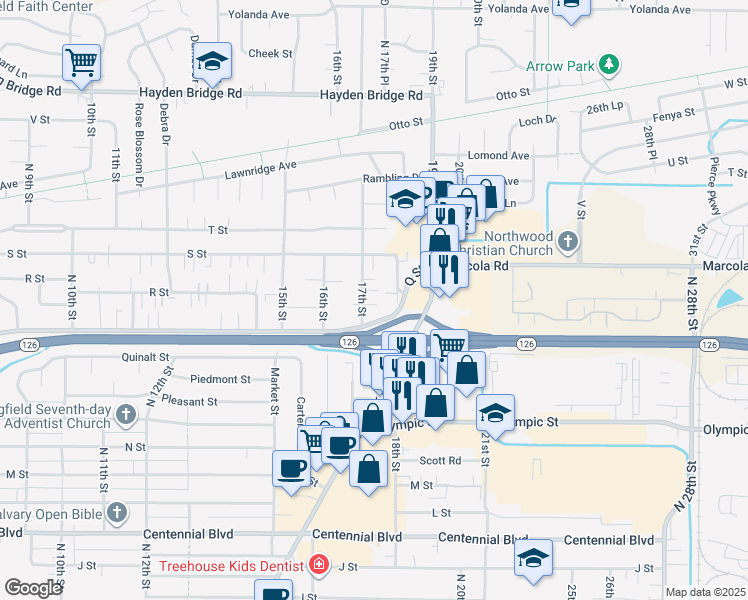map of restaurants, bars, coffee shops, grocery stores, and more near 1928 18th Street in Springfield