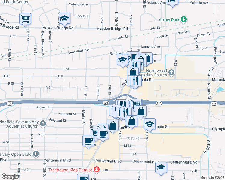 map of restaurants, bars, coffee shops, grocery stores, and more near 1928 18th Street in Springfield