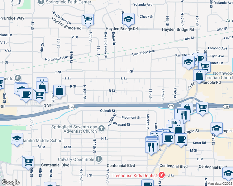 map of restaurants, bars, coffee shops, grocery stores, and more near 1917 Debra Drive in Springfield