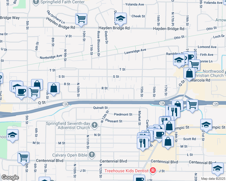 map of restaurants, bars, coffee shops, grocery stores, and more near 1917 Debra Drive in Springfield