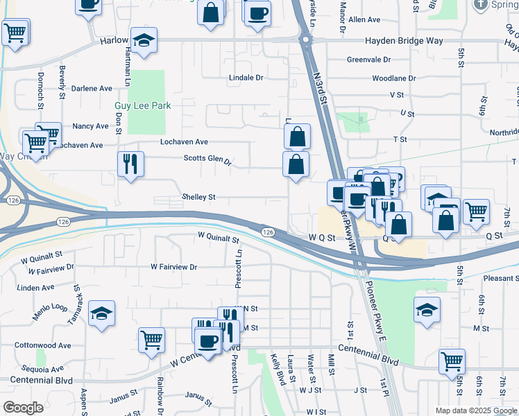 map of restaurants, bars, coffee shops, grocery stores, and more near 360 Shelley St in Springfield