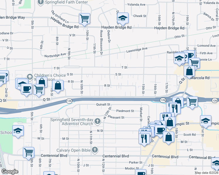map of restaurants, bars, coffee shops, grocery stores, and more near 1217 R Street in Springfield