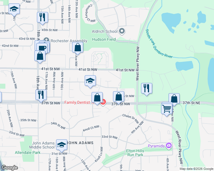 map of restaurants, bars, coffee shops, grocery stores, and more near 939 40th Street Northwest in Rochester