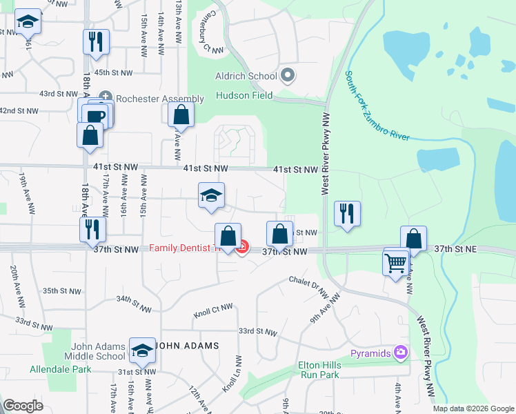 map of restaurants, bars, coffee shops, grocery stores, and more near 901 40th Street Northwest in Rochester