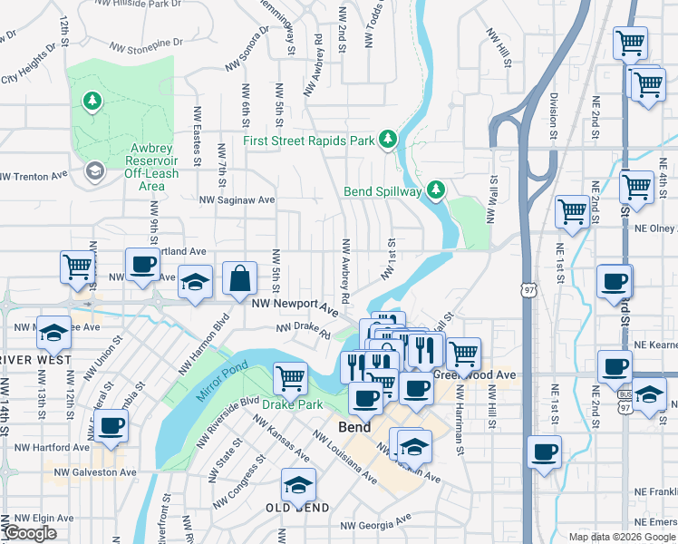 map of restaurants, bars, coffee shops, grocery stores, and more near 1594 Northwest Awbrey Road in Bend