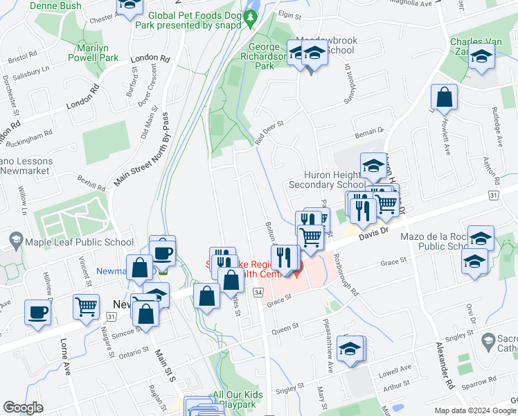 map of restaurants, bars, coffee shops, grocery stores, and more near 72 Bolton Avenue in Newmarket