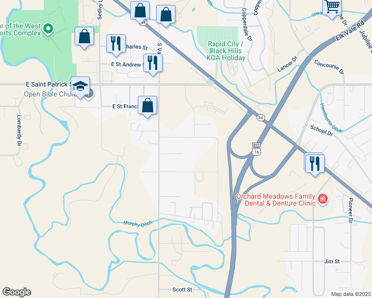 map of restaurants, bars, coffee shops, grocery stores, and more near 2816 Eden Lane in Rapid City