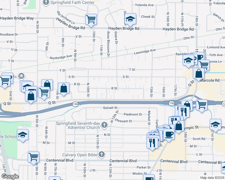 map of restaurants, bars, coffee shops, grocery stores, and more near 1180 R Street in Springfield