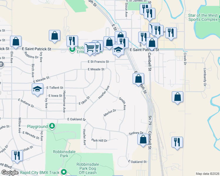 map of restaurants, bars, coffee shops, grocery stores, and more near 2218 Hoefer Avenue in Rapid City