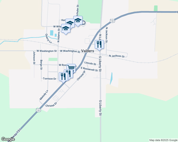 map of restaurants, bars, coffee shops, grocery stores, and more near 138 East Roosevelt Street in Valders