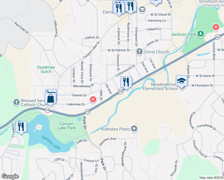 map of restaurants, bars, coffee shops, grocery stores, and more near 2216 7th Avenue in Rapid City