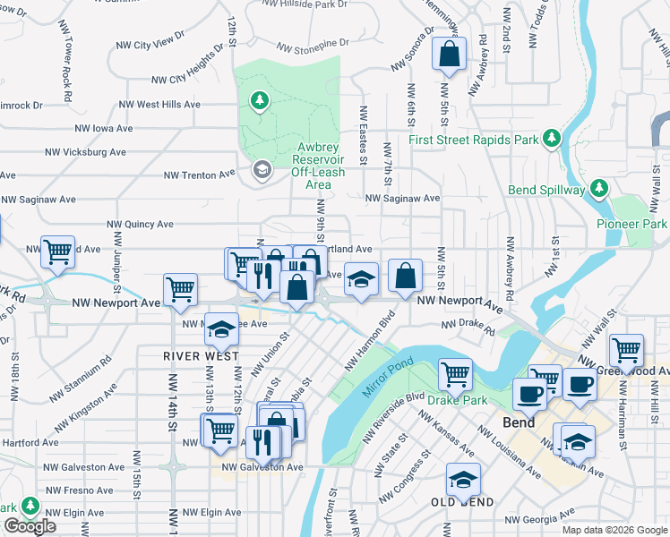 map of restaurants, bars, coffee shops, grocery stores, and more near 830 Northwest Ogden Avenue in Bend