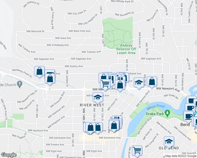 map of restaurants, bars, coffee shops, grocery stores, and more near 1232 Northwest Ogden Avenue in Bend