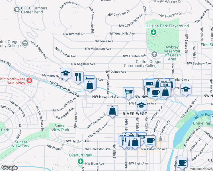 map of restaurants, bars, coffee shops, grocery stores, and more near 1519 Northwest Juniper Street in Bend