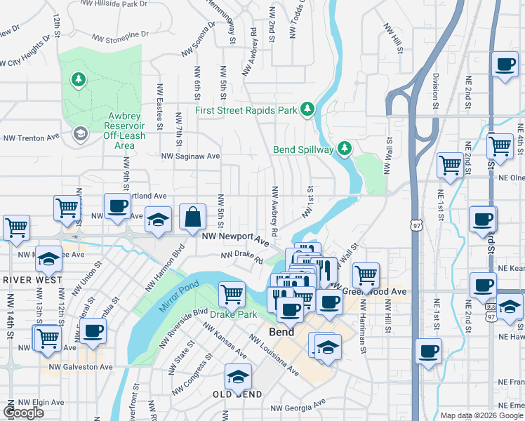 map of restaurants, bars, coffee shops, grocery stores, and more near 1545 Northwest 3rd Street in Bend