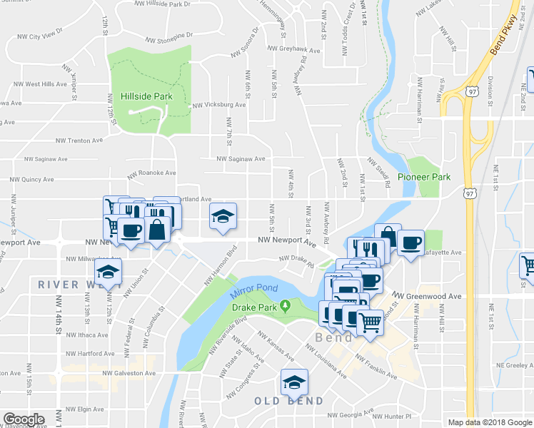 map of restaurants, bars, coffee shops, grocery stores, and more near 545 Northwest Portland Avenue in Bend