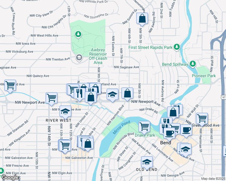 map of restaurants, bars, coffee shops, grocery stores, and more near 757 Northwest Portland Avenue in Bend