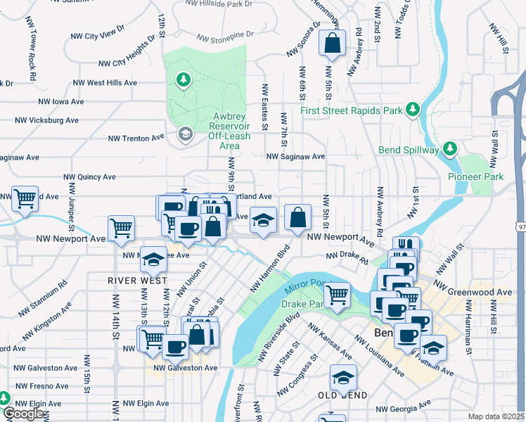 map of restaurants, bars, coffee shops, grocery stores, and more near 757 Northwest Portland Avenue in Bend