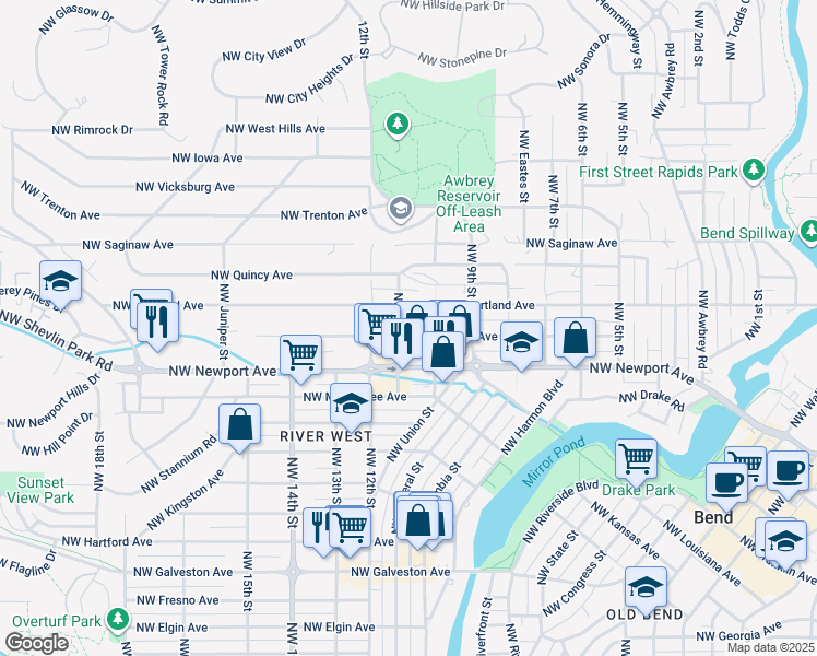 map of restaurants, bars, coffee shops, grocery stores, and more near 1536 Northwest 11th Street in Bend