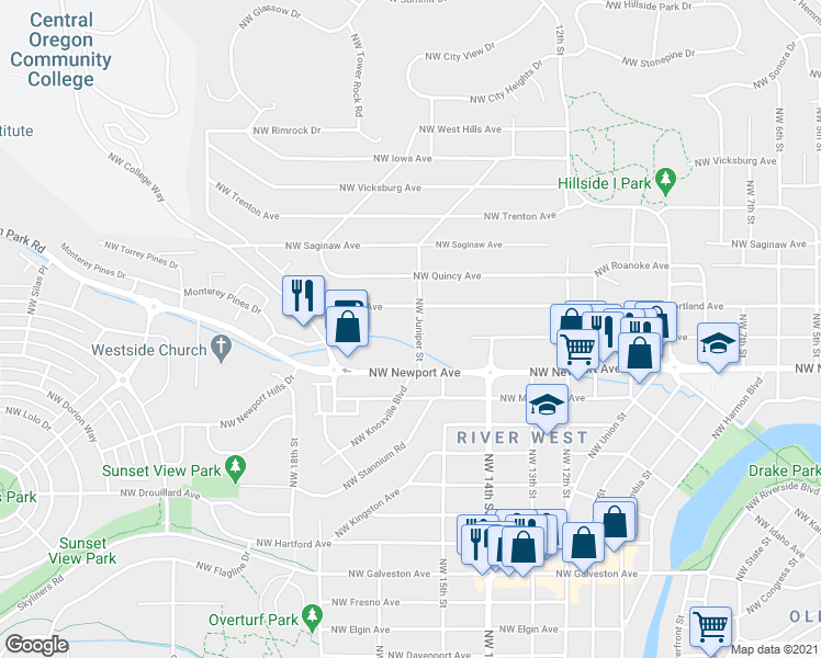 map of restaurants, bars, coffee shops, grocery stores, and more near 1545 Northwest Juniper Street in Bend