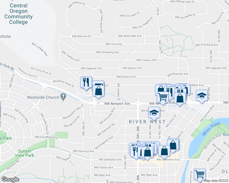 map of restaurants, bars, coffee shops, grocery stores, and more near 1545 Northwest Juniper Street in Bend