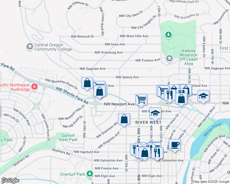 map of restaurants, bars, coffee shops, grocery stores, and more near 1545 Northwest Juniper Street in Bend