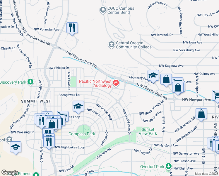 map of restaurants, bars, coffee shops, grocery stores, and more near 2215 Northwest Shevlin Park Road in Bend