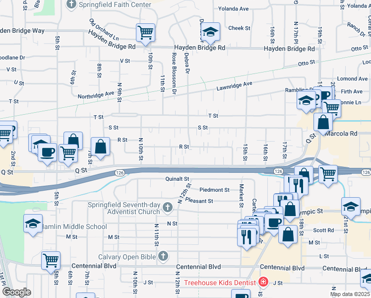 map of restaurants, bars, coffee shops, grocery stores, and more near 1917 Debra Drive in Springfield