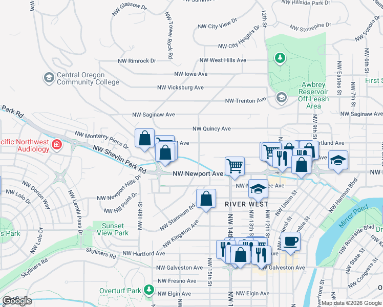 map of restaurants, bars, coffee shops, grocery stores, and more near 1545 Northwest Juniper Street in Bend