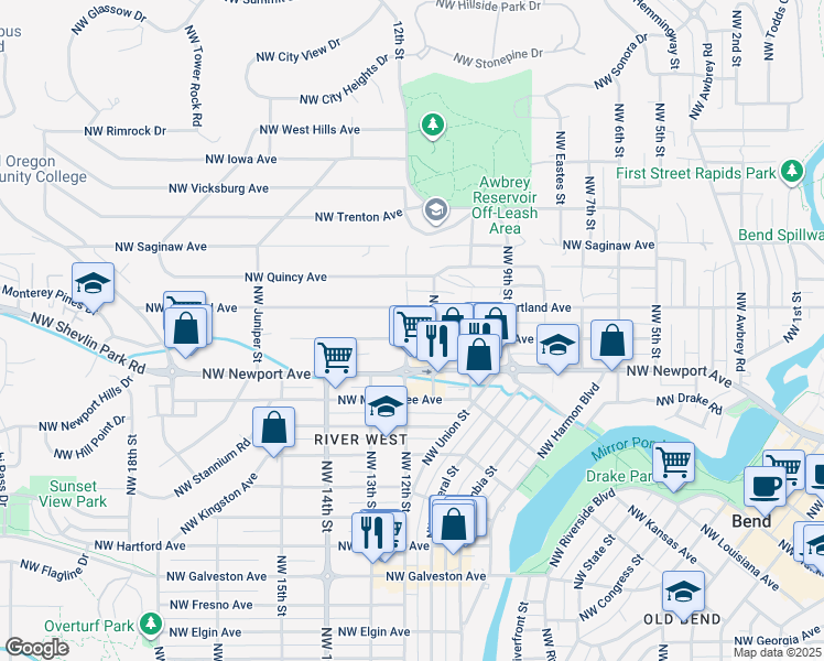 map of restaurants, bars, coffee shops, grocery stores, and more near 1132 Northwest Ogden Avenue in Bend