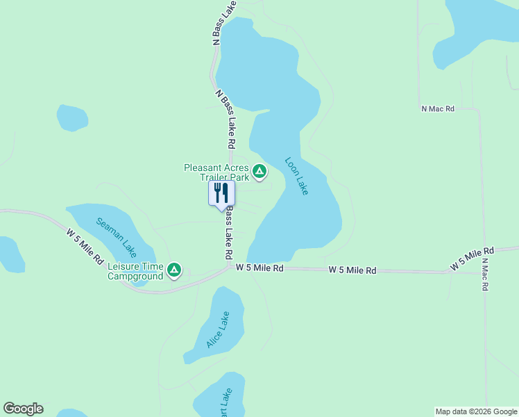 map of restaurants, bars, coffee shops, grocery stores, and more near 5212 North Bass Lake Road in Irons