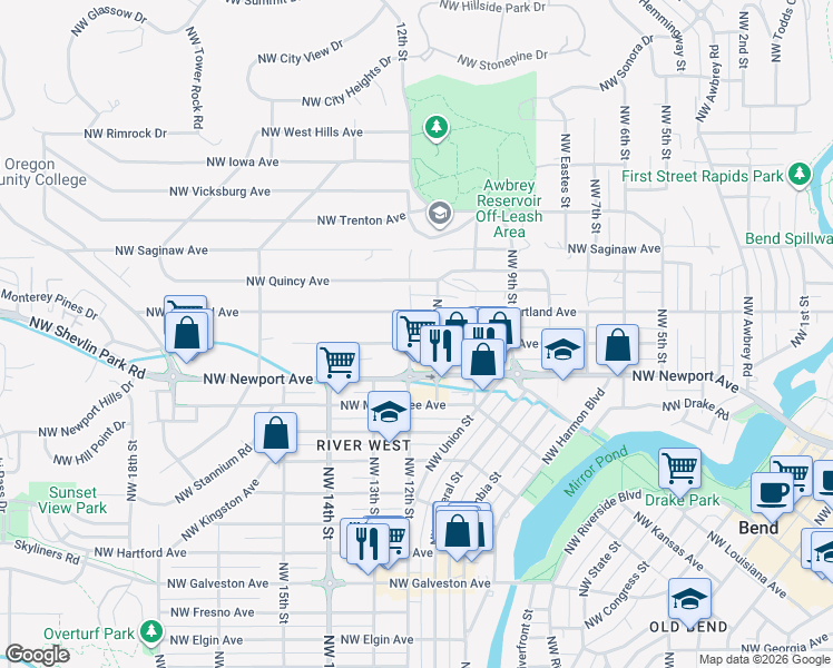 map of restaurants, bars, coffee shops, grocery stores, and more near 1124 Northwest Ogden Avenue in Bend