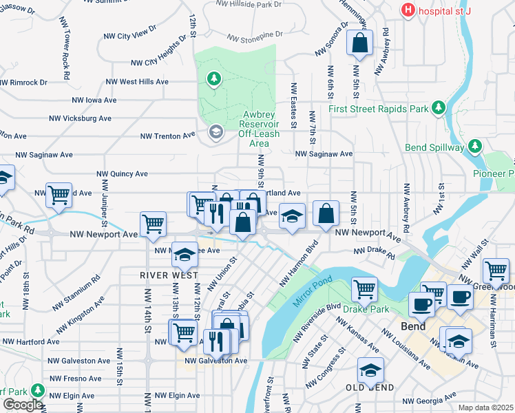 map of restaurants, bars, coffee shops, grocery stores, and more near 902 Northwest Ogden Avenue in Bend